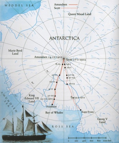 Cartes des trajets respectifs empruntés par Amundsen et Scott pour atteindre le pôle Sud