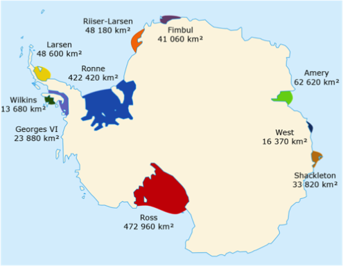 Principaux ice shelves en Antarctique