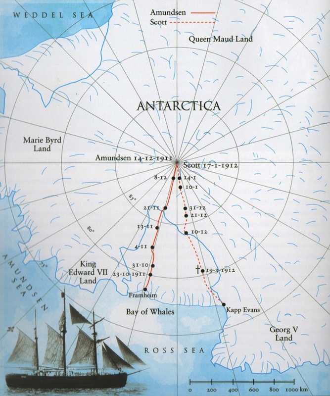 Carte des trajets respectifs d'Amundsen et Scott pour atteindre le pôle Sud