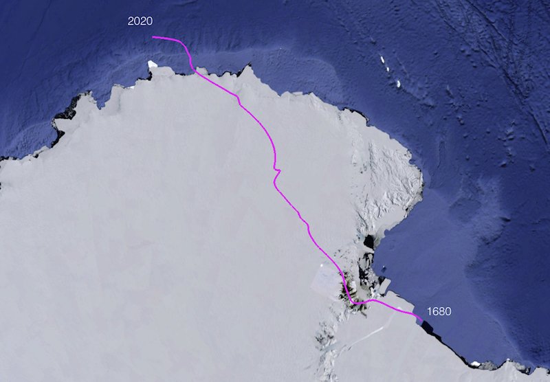 Dérive du pôle sud magnétique de 1680 à 2020. Source : NOAA Dérive du pôle sud magnétique de 1680 à 2020. Source : NOAA