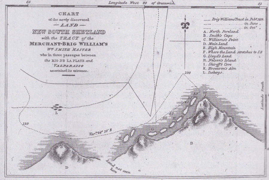 Première carte des Iles Shetland du Sud en 1819 par William Smith Première carte des Iles Shetland du Sud en 1819 par William Smith