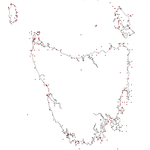 Cartes des sites de reproduction du puffin à bec grêle autour de la Tasmanie © State of Tasmania