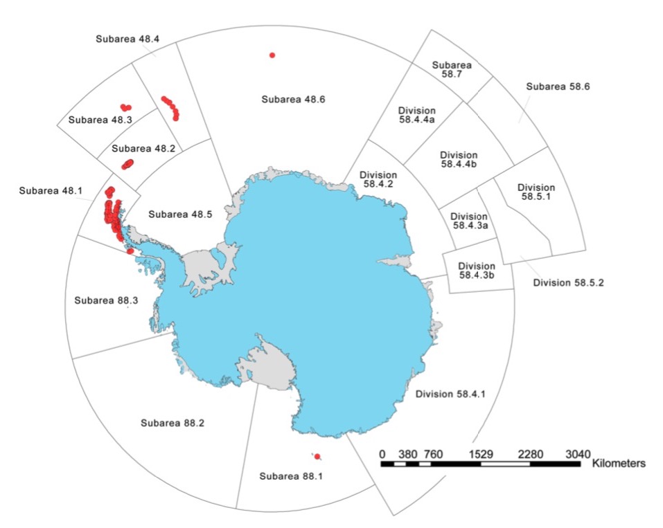 Carte des colonies du manchot à jugulaire en Antarctique