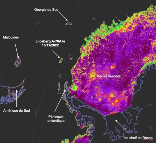 Position de l'iceberg A-76A le 16 novembre 2022